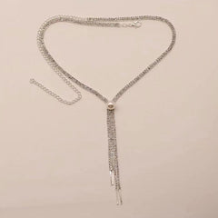 Elegant Pearl Detail Rhinestone Embellished Tassel Lariat NeckLace - Silver