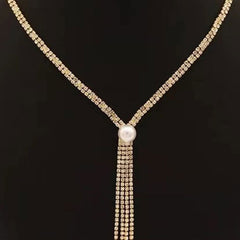 Elegant Pearl Detail Rhinestone Embellished Tassel Lariat NeckLace - Silver