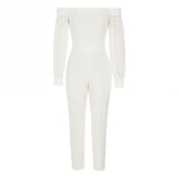 Eleganter, einfarbiger, schulterfreier Jumpsuit mit Puffärmeln und schmalem Bein