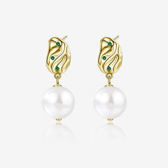 Emerald Cubic Zirconia Hammered Block Baroque Pearl Drop Earrings