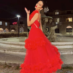 Robe longue évasée à une épaule en tulle avec appliques florales 3D exagérées