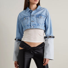 Forward Belted Turn Up Hybrid Long Sleeve Button Up Crop Denim Jacket