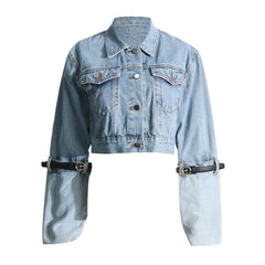 Forward Belted Turn Up Hybrid Long Sleeve Button Up Crop Denim Jacket