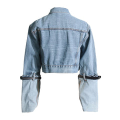 Forward Belted Turn Up Hybrid Long Sleeve Button Up Crop Denim Jacket