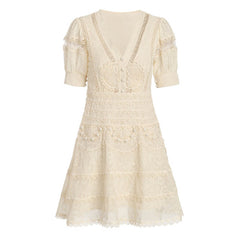 FeMinine Floral Embroidered Puff Sleeve V Neck Fit and Flare Mini Lace Dress