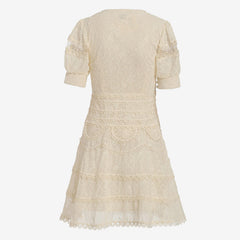 FeMinine Floral Embroidered Puff Sleeve V Neck Fit and Flare Mini Lace Dress