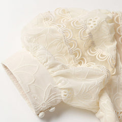 FeMinine Floral Embroidered Puff Sleeve V Neck Fit and Flare Mini Lace Dress