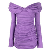 Feminines schulterfreies Minikleid mit V-Ausschnitt und Glockenärmeln, geteilten Manschetten und Rüschen