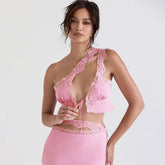 FeMinine One Shoulder Front Tie Lace Trim Satin Cropped Top - Pink