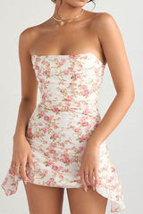 Glamorous Rose Printed Asymmetrical Ruched Strapless Corset Mini Dress - Floral