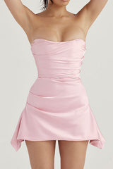 Glamorous Satin Asymmetrical Ruched Strapless Corset Party Mini Dress - Pink