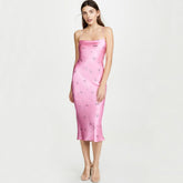 Rückenfreies Midikleid aus Satin mit glänzendem Blumenmuster und kleinem Blumenmuster - Rosa