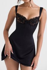 Glossy Satin Floral Lace Tie Front Sleeveless Mini Dress - Black