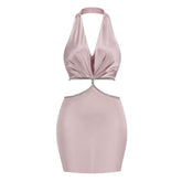 Glossy Satin Ruched Halter V Neck Sleeveless Crystal CutOut Mini Party Dress