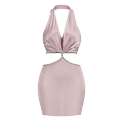 Glossy Satin Ruched Halter V Neck Sleeveless Crystal CutOut Mini Party Dress
