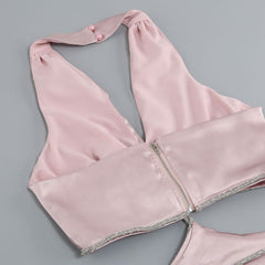 Glossy Satin Ruched Halter V Neck Sleeveless Crystal CutOut Mini Party Dress