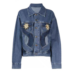 Goldene Blumen-Corsage, Kontrast-Ausschnitt, Herz-Patchwork, Jeansjacke mit Knopfleiste