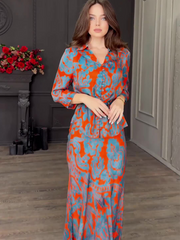 Satin Print Lapel Skirt Set(with belt)