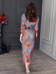 Satin Print Lapel Skirt Set(with belt)