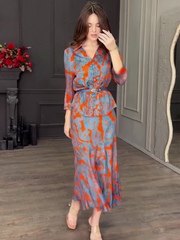 Satin Print Lapel Skirt Set(with belt)