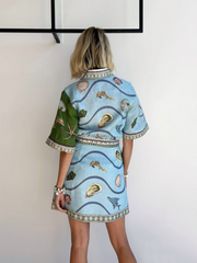 Button-Down Collar Aquatic-Print Dress