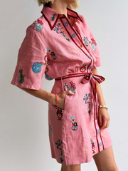 Linen Button-Down Collar Print Dress