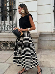 Stripe Print Pleated A-Line Skirt