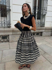 Stripe Print Pleated A-Line Skirt