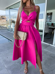 Split Low Back Twist Front V Neck Halter Vacation Maxi Dress - Navy