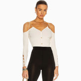 Langärmliges V-Ausschnitt Off Shoulder Rippstrick Crop Top - Weiß