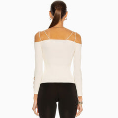 Langärmliges V-Ausschnitt Off Shoulder Rippstrick Crop Top - Weiß