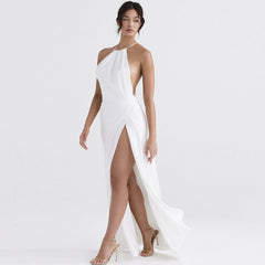 Robe longue dos nu en satin brillant avec fente haute et lien à nouer - Blanc