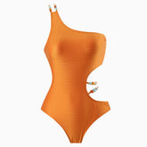 Luxurious Metallic Textured Beaded Cut Out One Shoulder One Piece Swimsuit