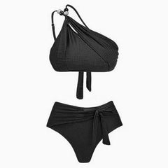 Ensemble de bikini asymétrique luxueux à texture métallique froncée avec nœud papillon et perles