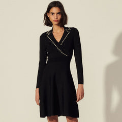 Luxury Beaded Collar Long Sleeve Knit Sweater Mini Dress - Black