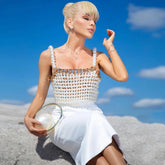 Luxus Metallkette Übergroßes Rückenfreies Crop Top Mit Kunstperlen - Weiß