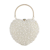 Luxury Metal Handle Pearl Beaded Heart Shaped Clutch Bag - Beige
