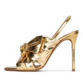 Luxury Metallic Bow Detail Round Toe Stiletto SlingBack Sandals - Gold