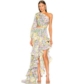 Luxuriöses Abendkleid mit One-Shoulder-Ausschnitt, Satin und Rüschen und Blumenmuster - Lila