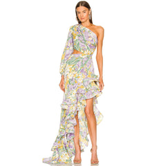 Luxuriöses Abendkleid mit One-Shoulder-Ausschnitt, Satin und Rüschen und Blumenmuster - Lila