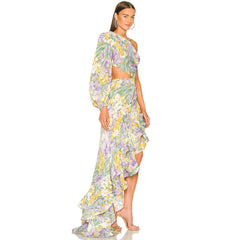 Luxuriöses Abendkleid mit One-Shoulder-Ausschnitt, Satin und Rüschen und Blumenmuster - Lila