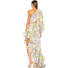 Luxuriöses Abendkleid mit One-Shoulder-Ausschnitt, Satin und Rüschen und Blumenmuster - Lila