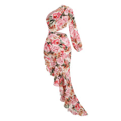 Luxuriöses Abendkleid mit One-Shoulder-Ausschnitt, Satin und Rüschen und Blumenmuster - Rosa