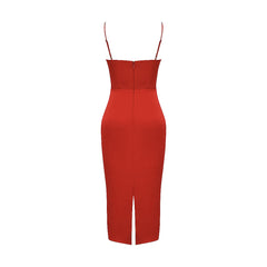 Robe mi-longue luxueuse en satin à bretelles spaghetti et col carré - Rouge