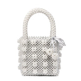 Luxury Square Top Handle Cluster Pearl Bucket Clutch Bag - White