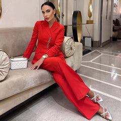 Majestic High Waist Schlaghose Asymmetrischer Einreiher Blazer Passendes Set