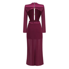 Metal Bird Detail Plunge Neck Long Sleeve CutOut Back Draped Split Maxi Evening Dress