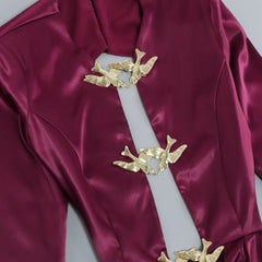 Metal Bird Detail Plunge Neck Long Sleeve CutOut Back Draped Split Maxi Evening Dress