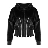 Kurzer Samt-Hoodie mit Metallic-Print und mehreren Reißverschlüssen