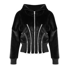 Kurzer Samt-Hoodie mit Metallic-Print und mehreren Reißverschlüssen